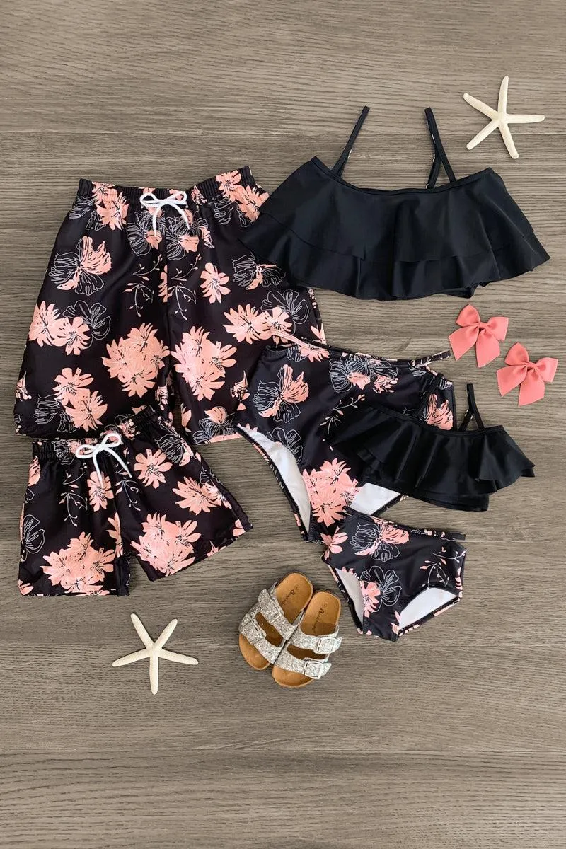 Black & Coral Tropical Family Swimsuits
