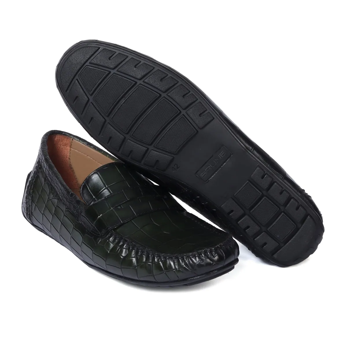 Green Stitched Strap Loafer in Deep Cut Leather